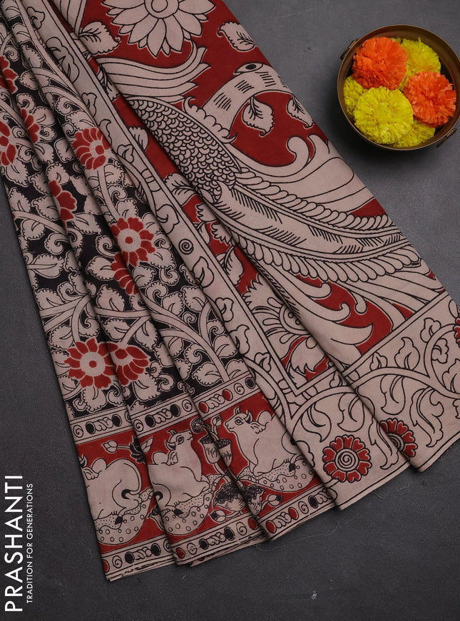 Kalamkari cotton saree black and maroon with allover prints and pichwai printed border