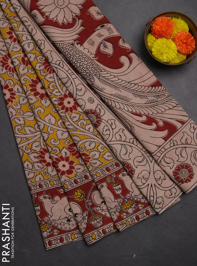Kalamkari cotton saree yellow and maroon with allover prints and pichwai printed border