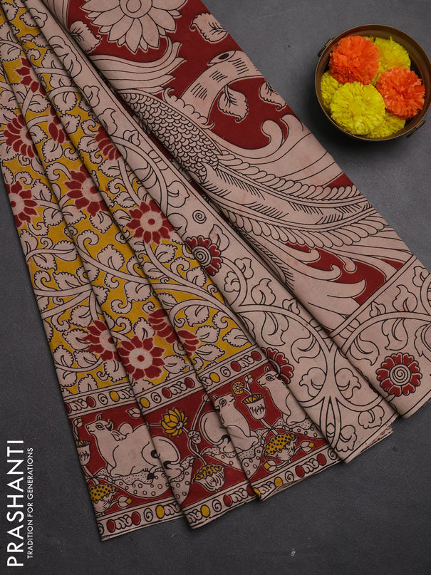 Kalamkari cotton saree yellow and maroon with allover prints and pichwai printed border