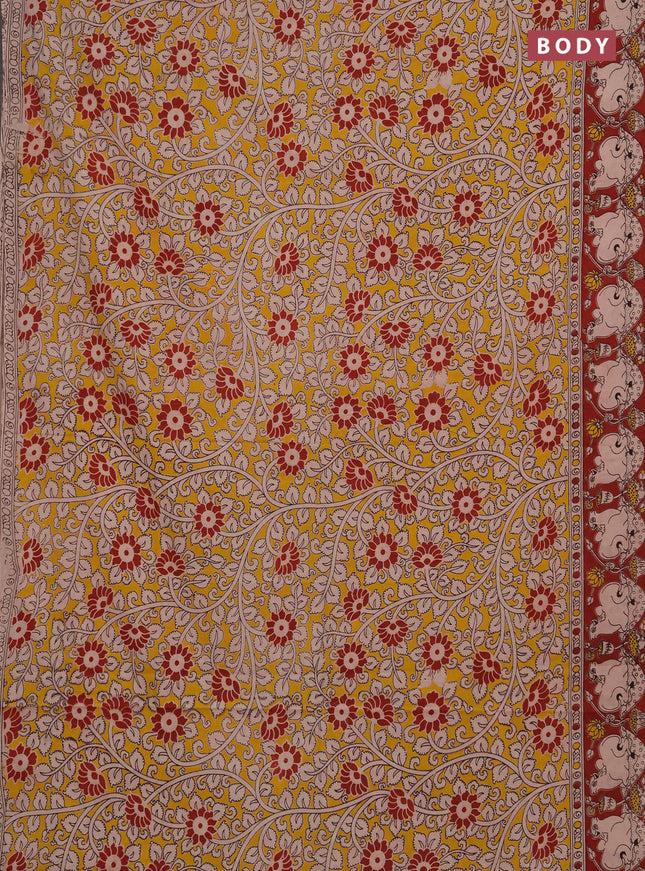Kalamkari cotton saree yellow and maroon with allover prints and pichwai printed border