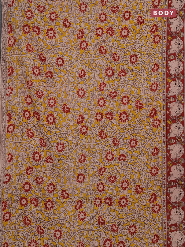 Kalamkari cotton saree yellow and maroon with allover prints and pichwai printed border