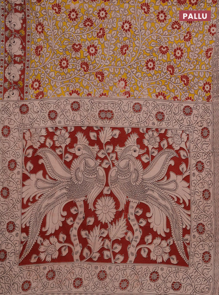 Kalamkari cotton saree yellow and maroon with allover prints and pichwai printed border