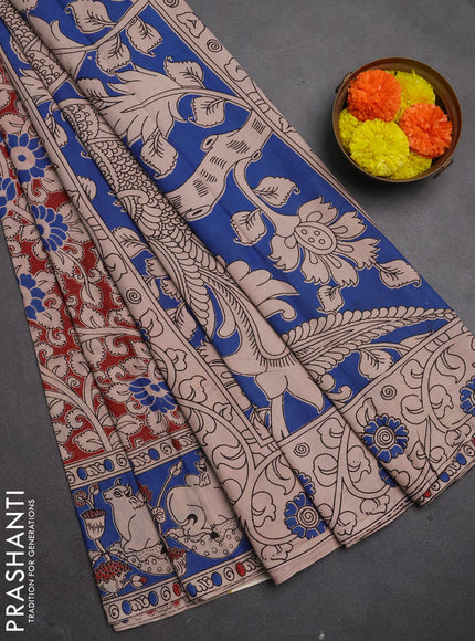 Kalamkari cotton saree maroon and blue with allover prints and pichwai printed border