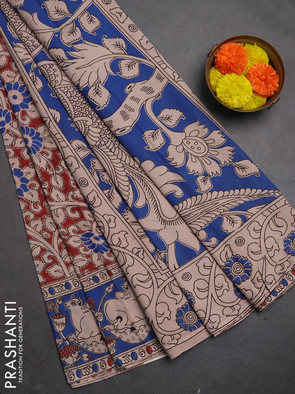 Kalamkari cotton saree maroon and blue with allover prints and pichwai printed border