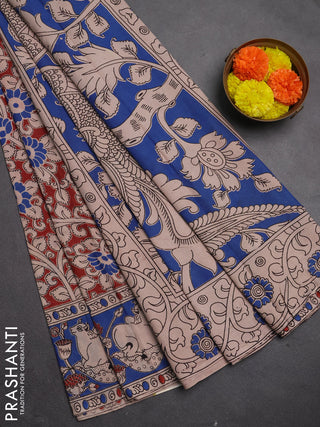 Kalamkari cotton saree maroon and blue with allover prints and pichwai printed border
