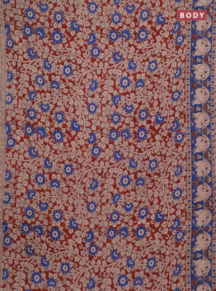 Kalamkari cotton saree maroon and blue with allover prints and pichwai printed border