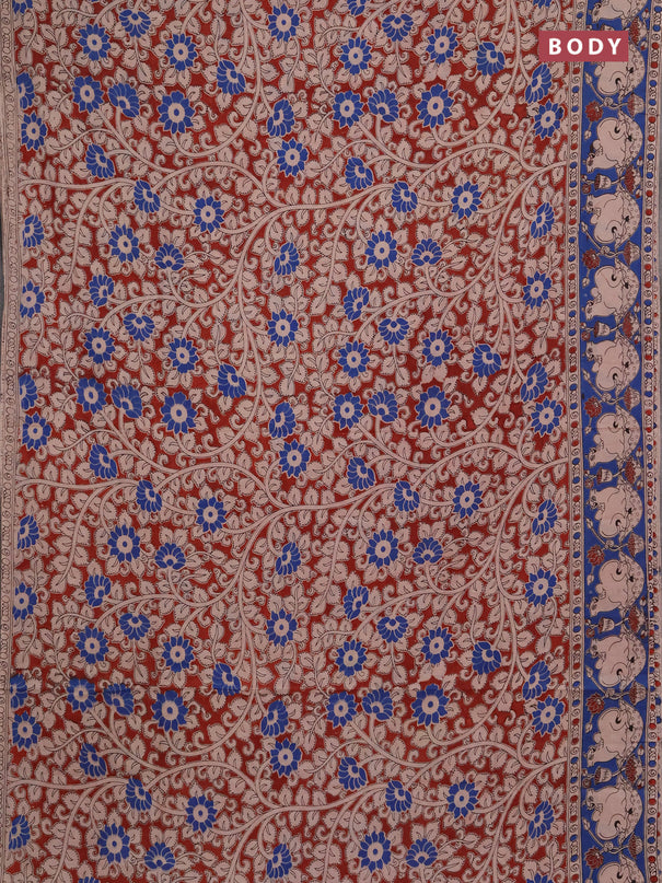 Kalamkari cotton saree maroon and blue with allover prints and pichwai printed border