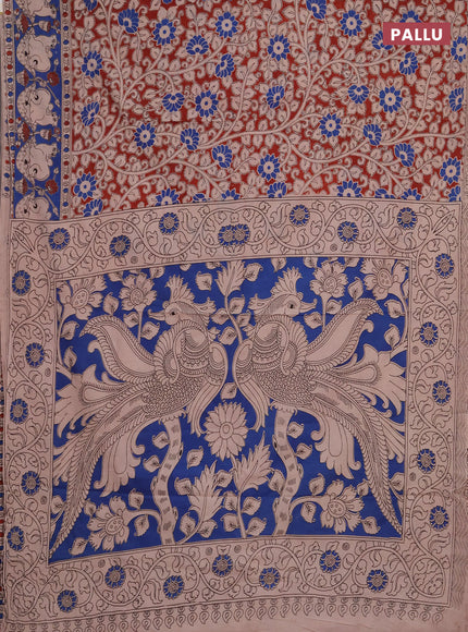 Kalamkari cotton saree maroon and blue with allover prints and pichwai printed border