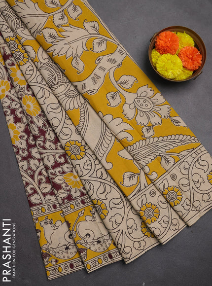 Kalamkari cotton saree wine shade and yellow with allover prints and pichwai printed border