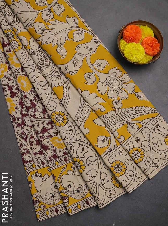Kalamkari cotton saree wine shade and yellow with allover prints and pichwai printed border