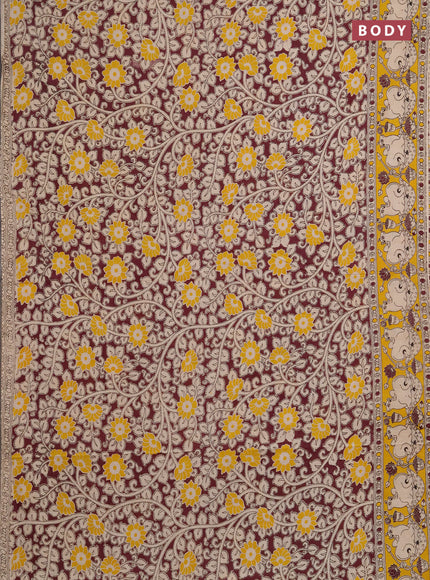 Kalamkari cotton saree wine shade and yellow with allover prints and pichwai printed border