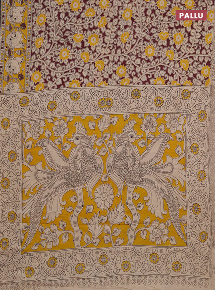 Kalamkari cotton saree wine shade and yellow with allover prints and pichwai printed border