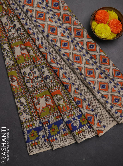 Kalamkari cotton saree mehendi green and blue with allover pichwai prints and printed border