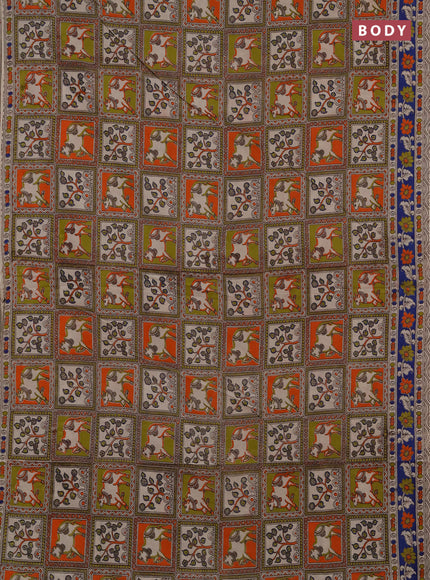 Kalamkari cotton saree mehendi green and blue with allover pichwai prints and printed border
