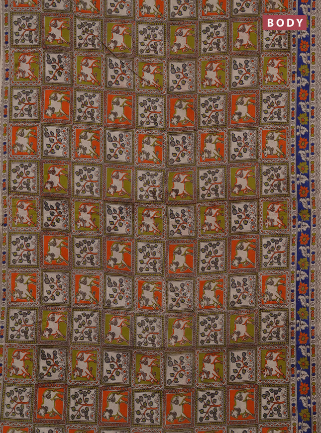 Kalamkari cotton saree mehendi green and blue with allover pichwai prints and printed border
