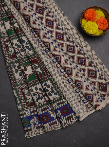 Kalamkari cotton saree green wine shade and blue with allover pichwai prints and printed border