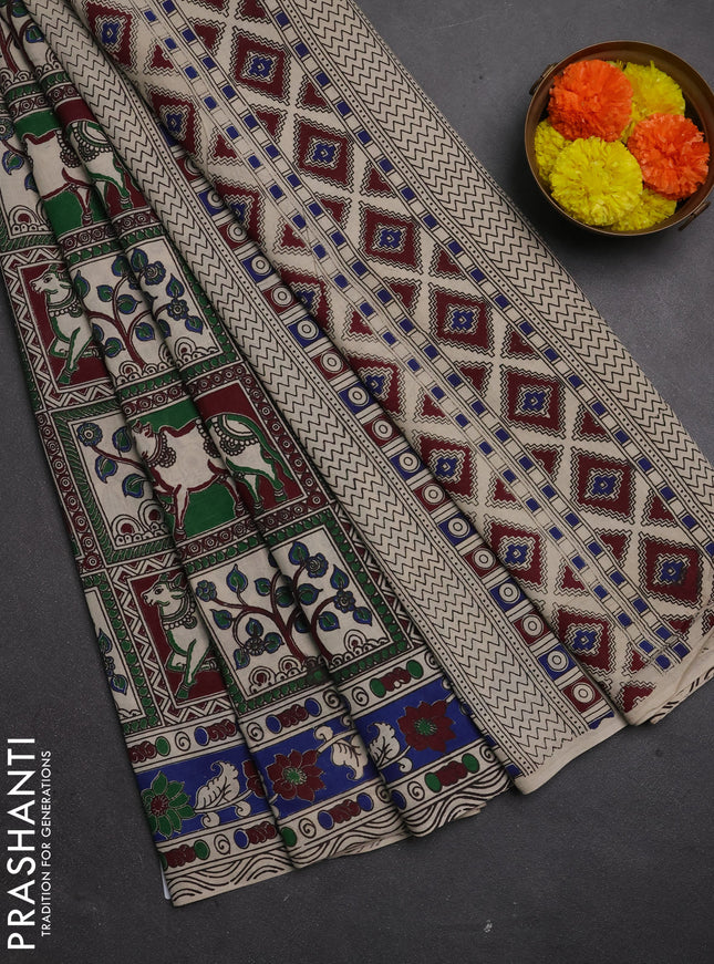 Kalamkari cotton saree green wine shade and blue with allover pichwai prints and printed border