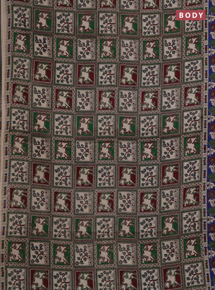 Kalamkari cotton saree green wine shade and blue with allover pichwai prints and printed border