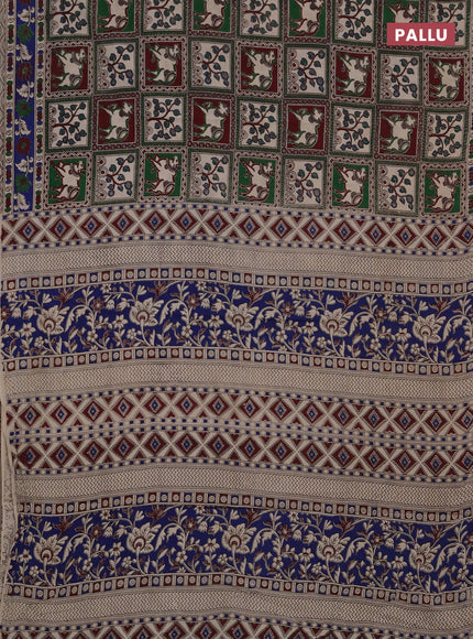 Kalamkari cotton saree green wine shade and blue with allover pichwai prints and printed border