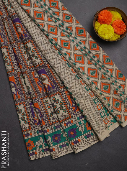 Kalamkari cotton saree orange lavender and teal green with allover pichwai prints and printed border