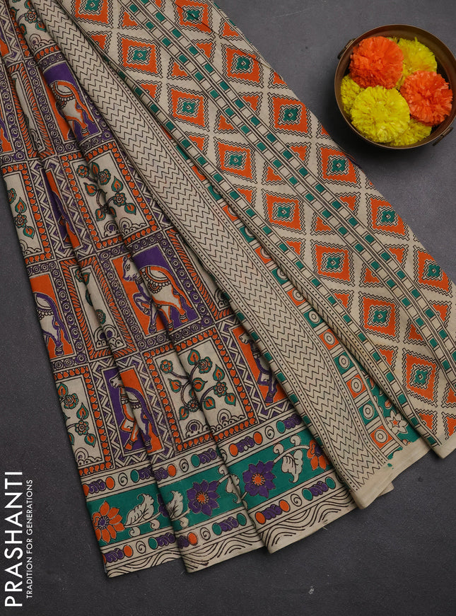 Kalamkari cotton saree orange lavender and teal green with allover pichwai prints and printed border