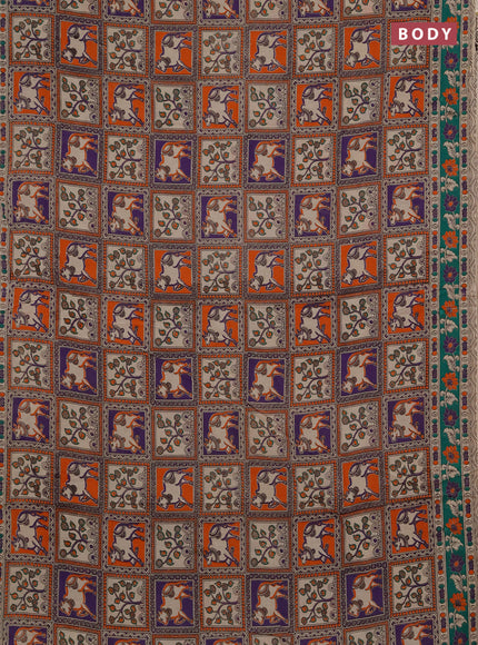 Kalamkari cotton saree orange lavender and teal green with allover pichwai prints and printed border