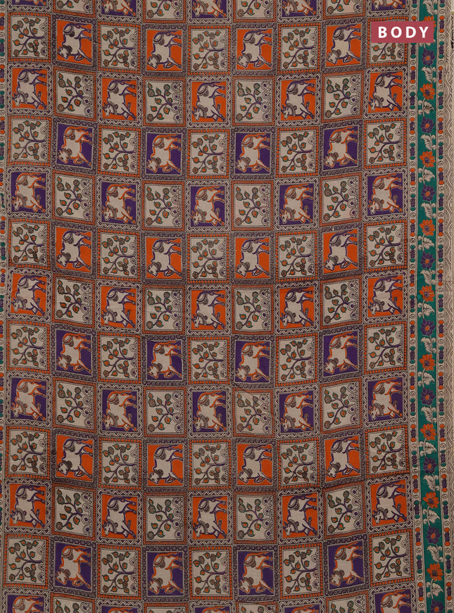 Kalamkari cotton saree orange lavender and teal green with allover pichwai prints and printed border
