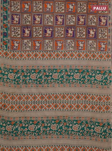 Kalamkari cotton saree orange lavender and teal green with allover pichwai prints and printed border