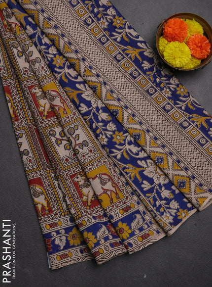 Kalamkari cotton saree yellow maroon and blue with allover pichwai prints and printed border