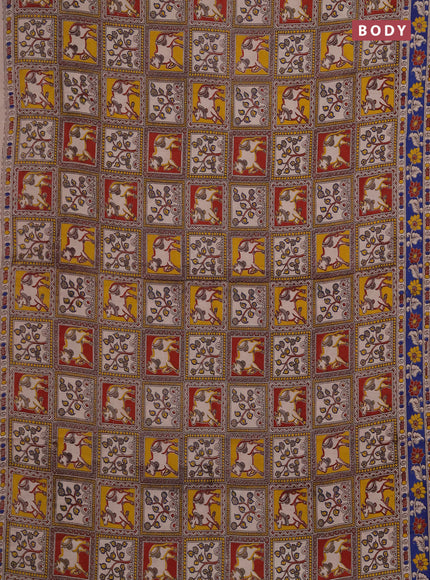 Kalamkari cotton saree yellow maroon and blue with allover pichwai prints and printed border