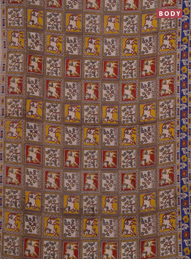 Kalamkari cotton saree yellow maroon and blue with allover pichwai prints and printed border
