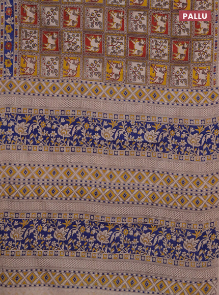 Kalamkari cotton saree yellow maroon and blue with allover pichwai prints and printed border
