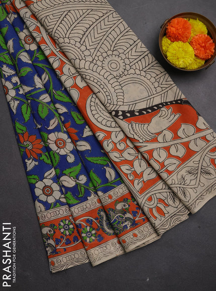 Kalamkari cotton saree blue and orange with allover prints and printed border