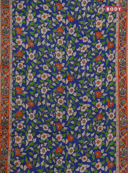 Kalamkari cotton saree blue and orange with allover prints and printed border