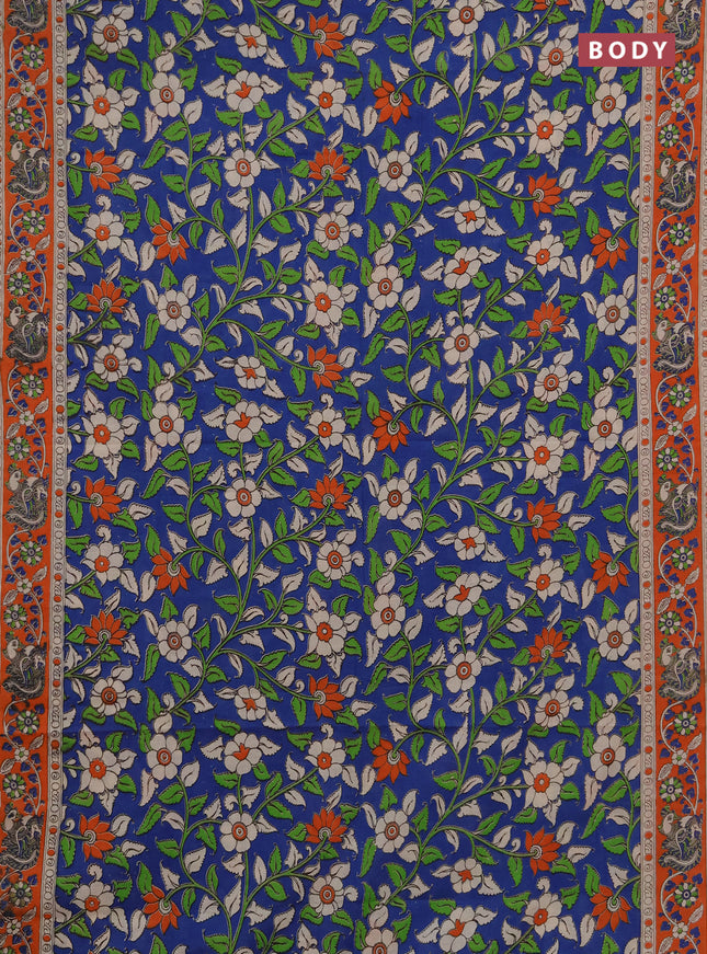 Kalamkari cotton saree blue and orange with allover prints and printed border