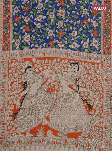 Kalamkari cotton saree blue and orange with allover prints and printed border