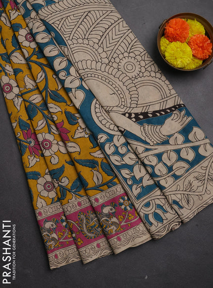 Kalamkari cotton saree yellow and pink with allover prints and printed border