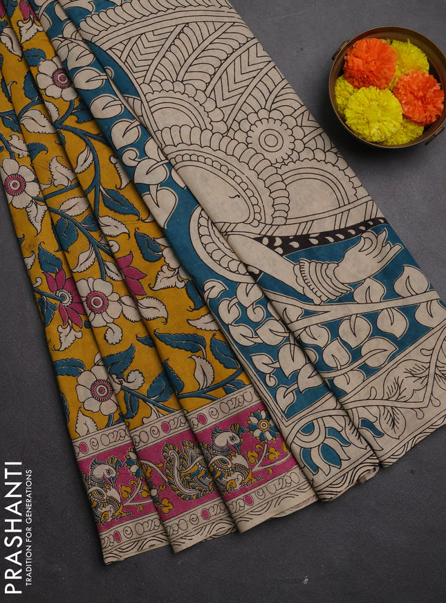 Kalamkari cotton saree yellow and pink with allover prints and printed border