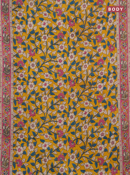 Kalamkari cotton saree yellow and pink with allover prints and printed border