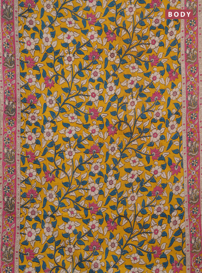Kalamkari cotton saree yellow and pink with allover prints and printed border