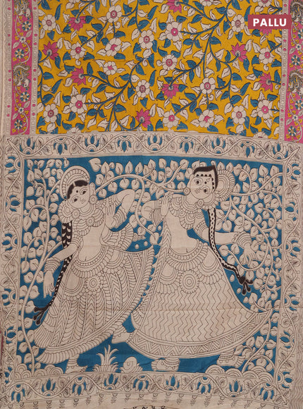 Kalamkari cotton saree yellow and pink with allover prints and printed border