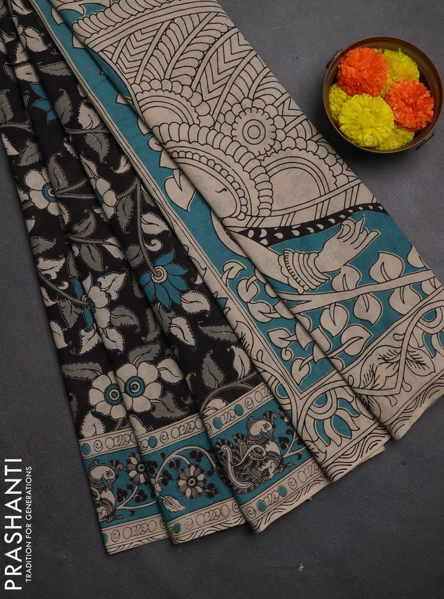 Kalamkari cotton saree black and teal blue with allover prints and printed border