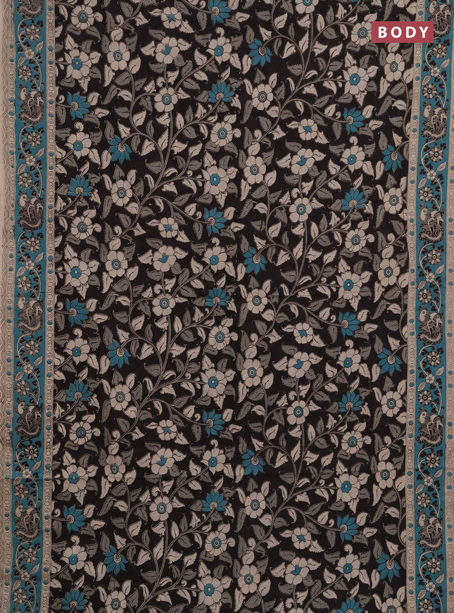 Kalamkari cotton saree black and teal blue with allover prints and printed border