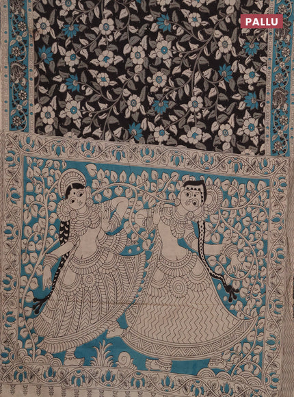 Kalamkari cotton saree black and teal blue with allover prints and printed border