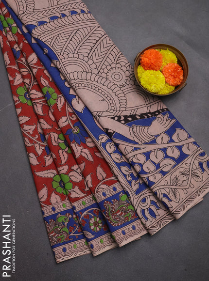 Kalamkari cotton saree maroon and blue with allover prints and printed border