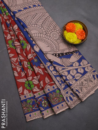Kalamkari cotton saree maroon and blue with allover prints and printed border