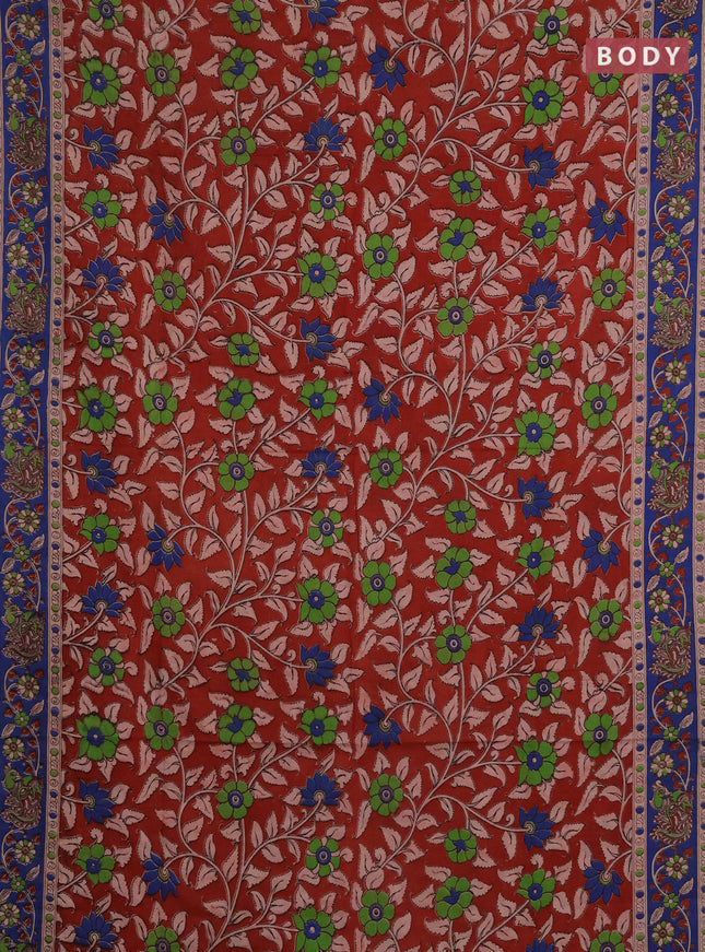 Kalamkari cotton saree maroon and blue with allover prints and printed border