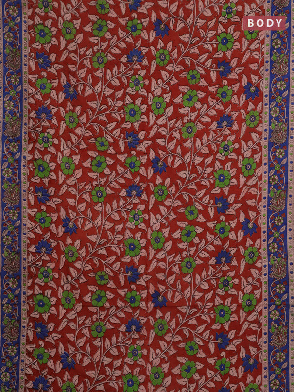 Kalamkari cotton saree maroon and blue with allover prints and printed border