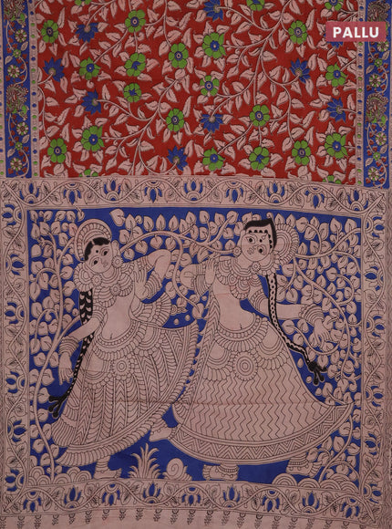 Kalamkari cotton saree maroon and blue with allover prints and printed border