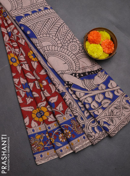 Kalamkari cotton saree maroon and blue with allover prints and printed border